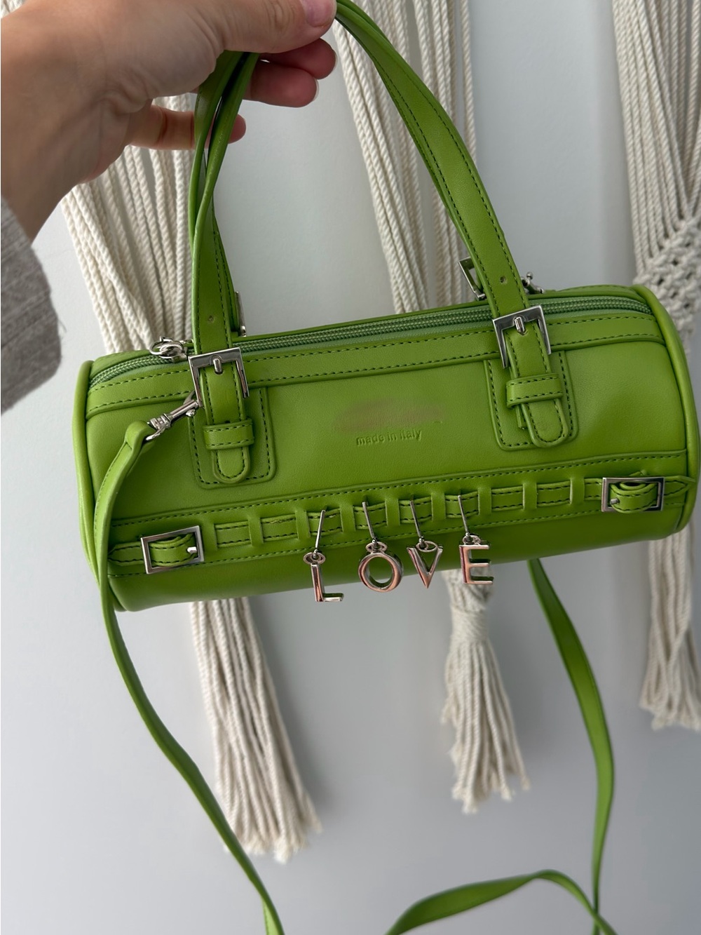 Green Barrel Shoulder Bag with LOVE Charm